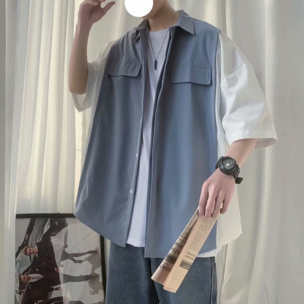 Prendas para el torso sueltas informales estilo coreano para hombre dos piezas look retro manga corta - Imagen 16 de 52