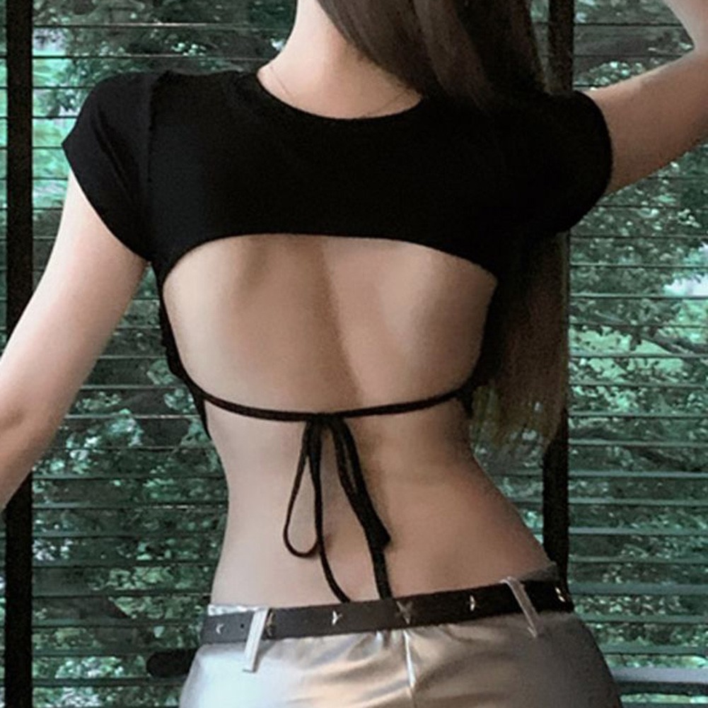 Contemporary Women's Casual T Shirt in High Waist Style with Open Back Design - Picture 12 of 21