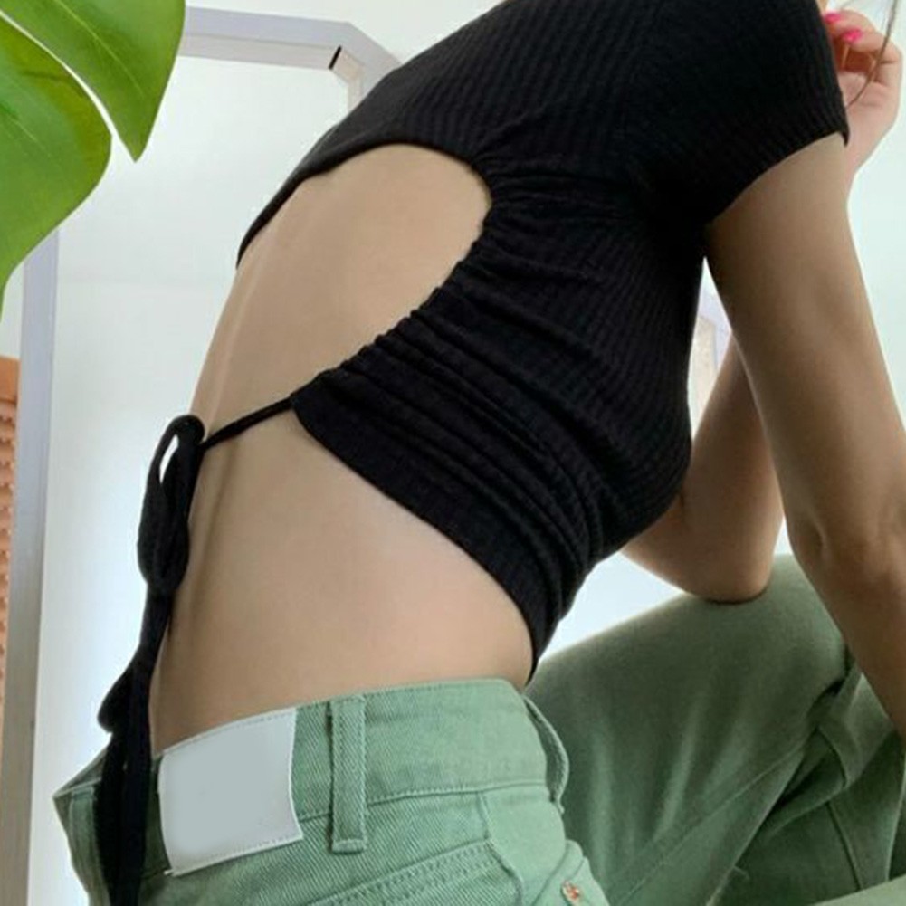 Contemporary Women's Casual T Shirt in High Waist Style with Open Back Design - Picture 14 of 21