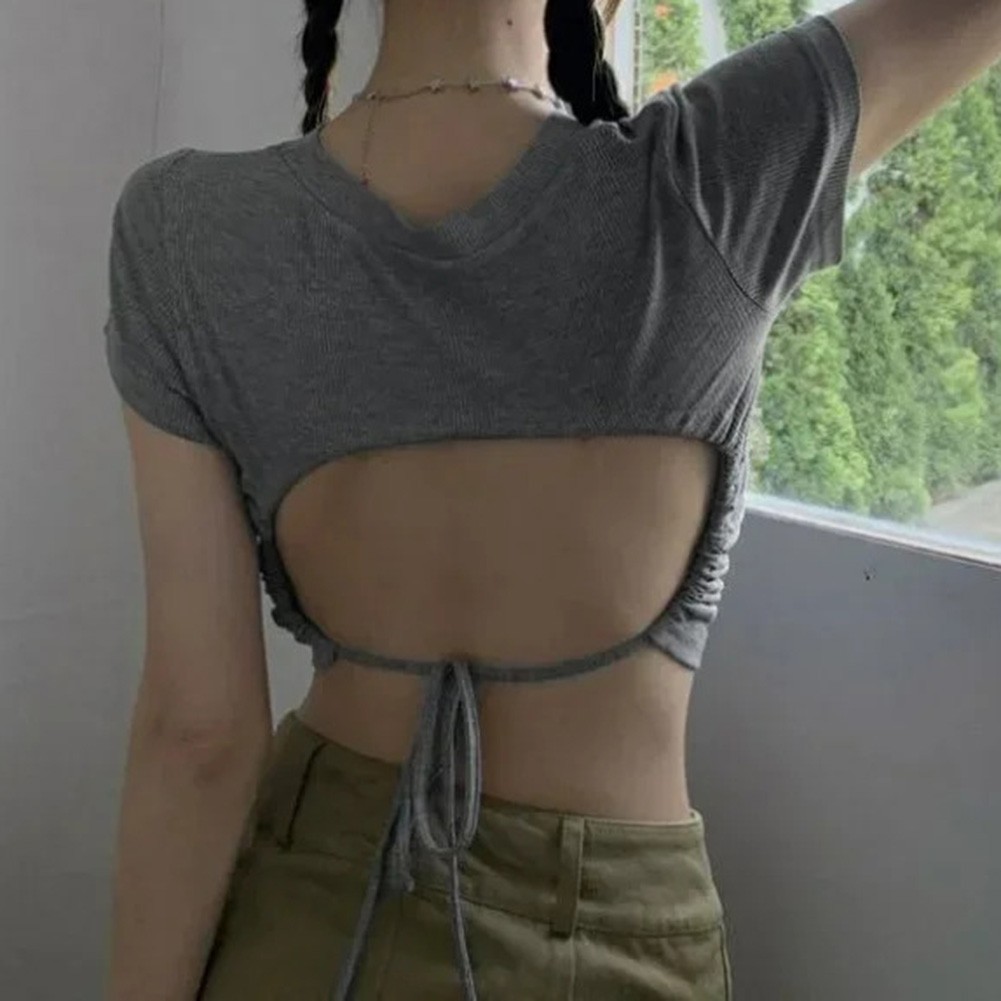 Contemporary Women's Casual T Shirt in High Waist Style with Open Back Design - Picture 17 of 21