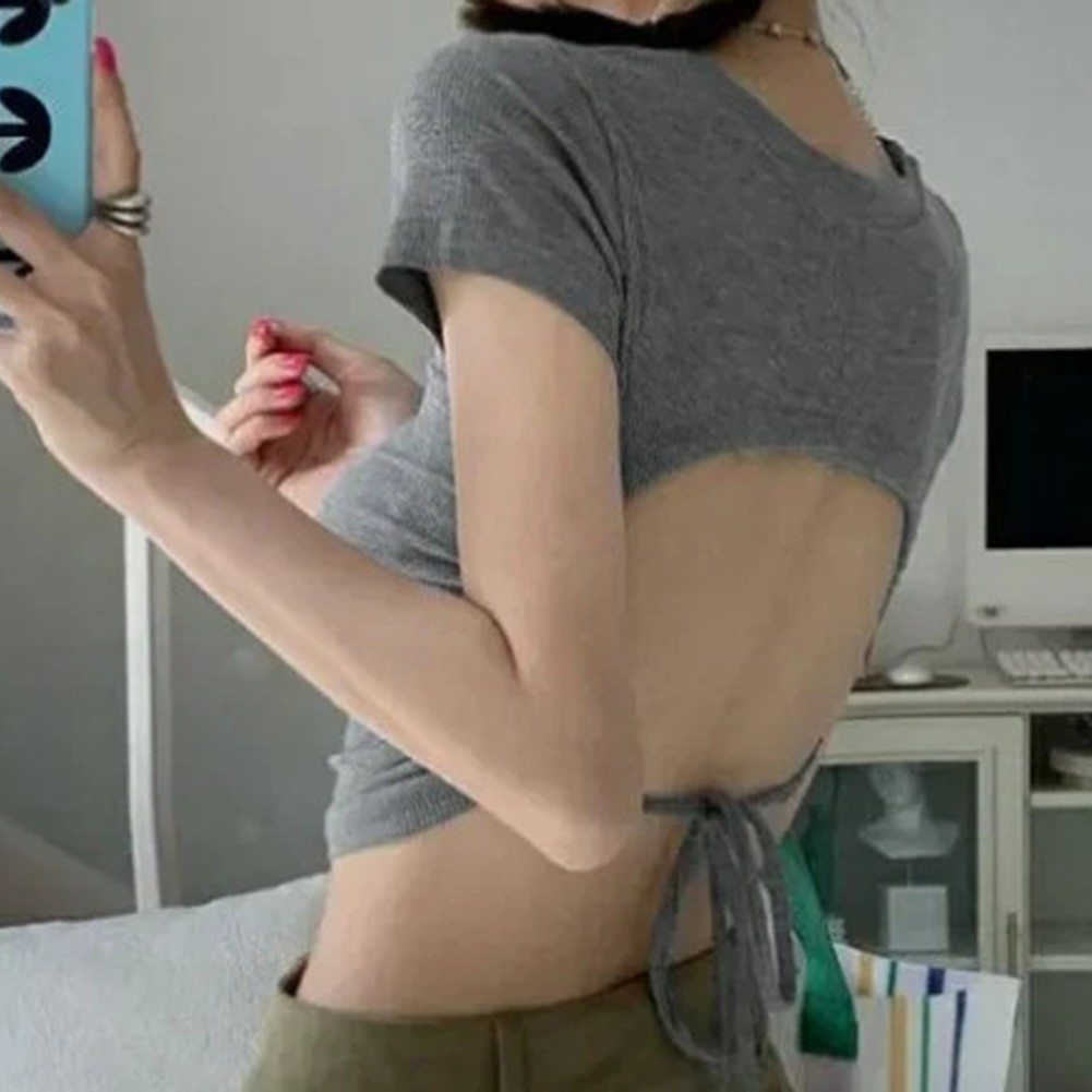 Contemporary Women's Casual T Shirt in High Waist Style with Open Back Design - Picture 18 of 21