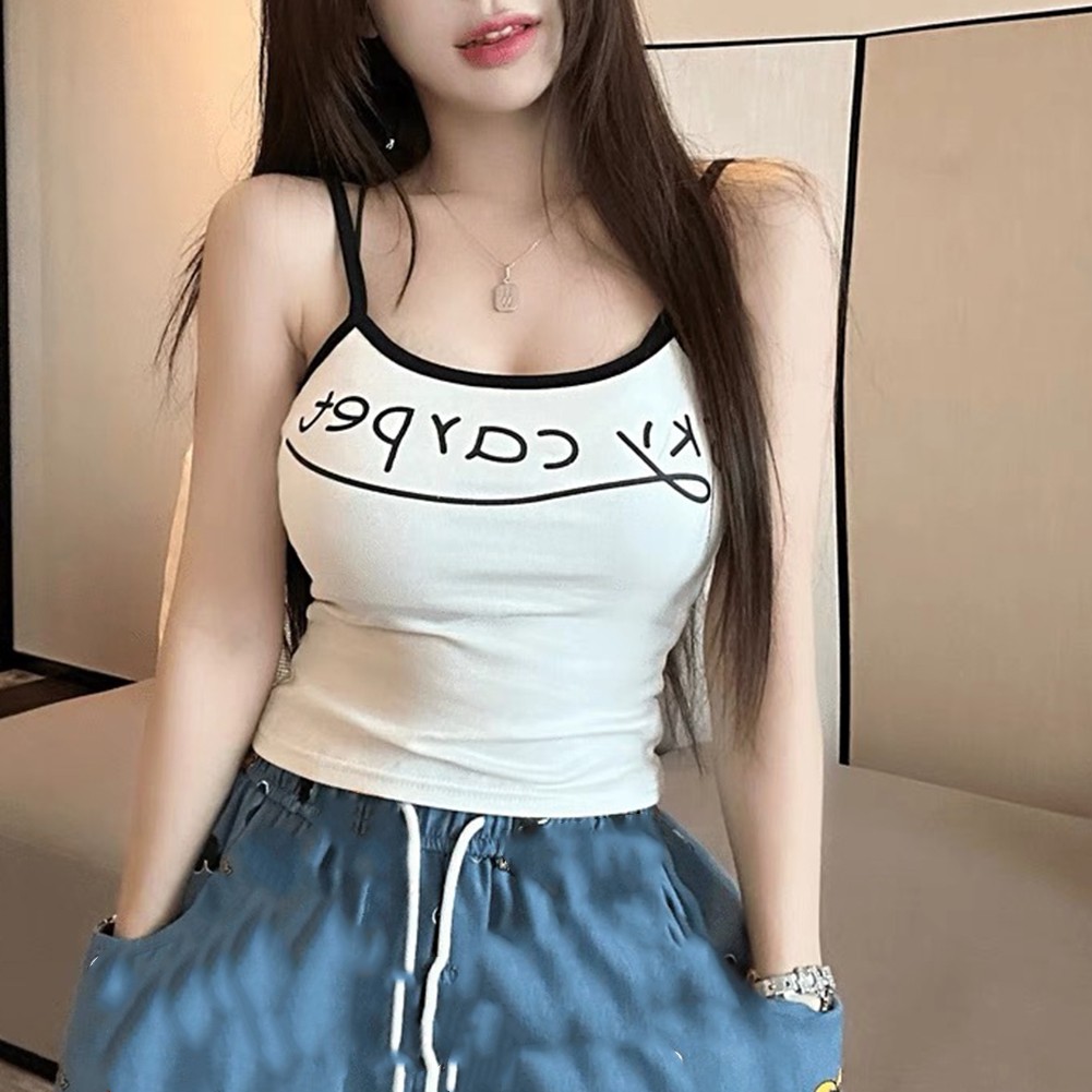 Modern Retro Gyaru Women Letter Print Slim Fit Crop Top Casual Camisole Design - Picture 7 of 15