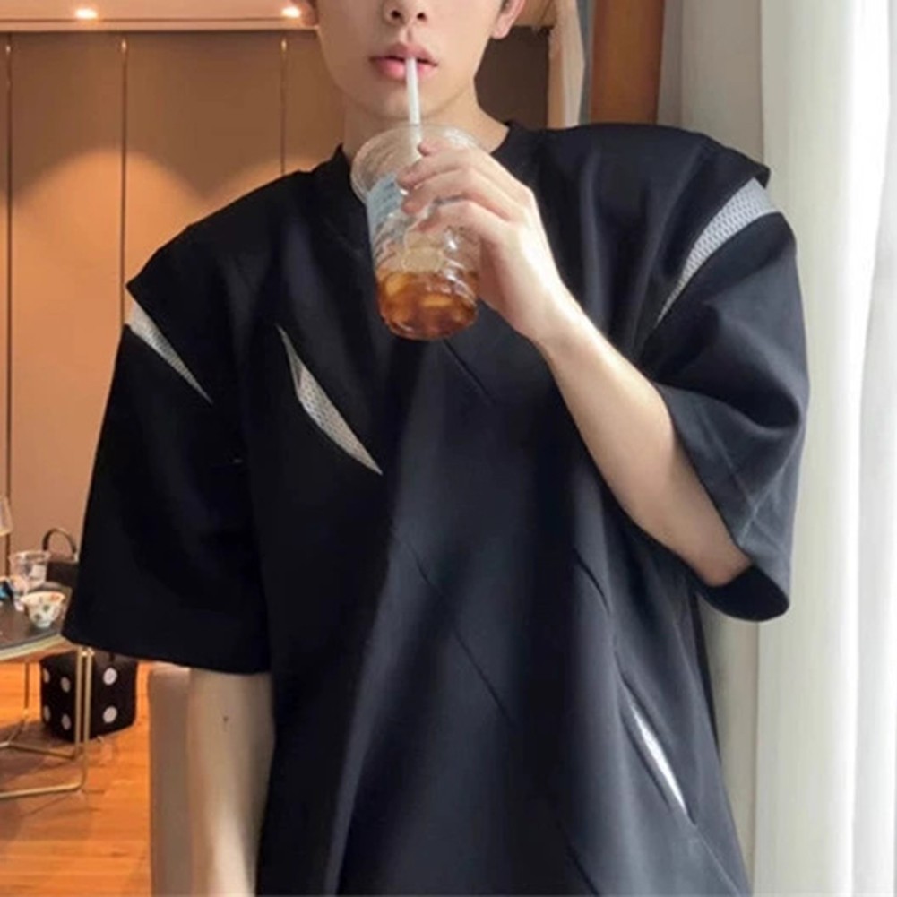 Men's Loose Fit Summer T Shirt with Irregular Spliced Design for Daily Use - Picture 13 of 32