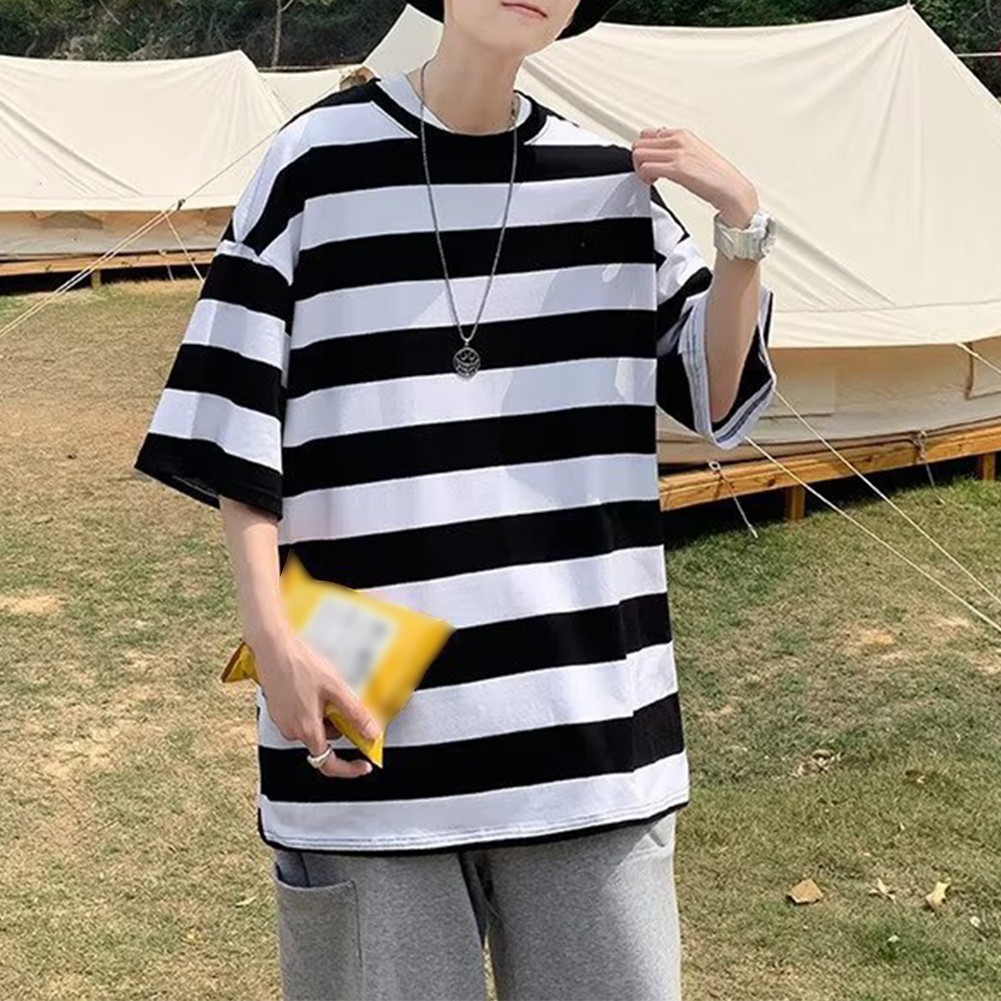 Men's Fashionable Striped Oversized T Shirt with Short Sleeves and O Neck