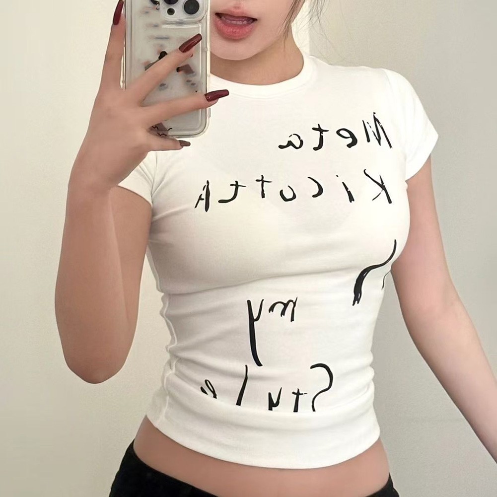 Slim Fit Casual Tee Women's Retro Gyaru Style Shirt Perfect for Everyday Looks - Picture 16 of 28