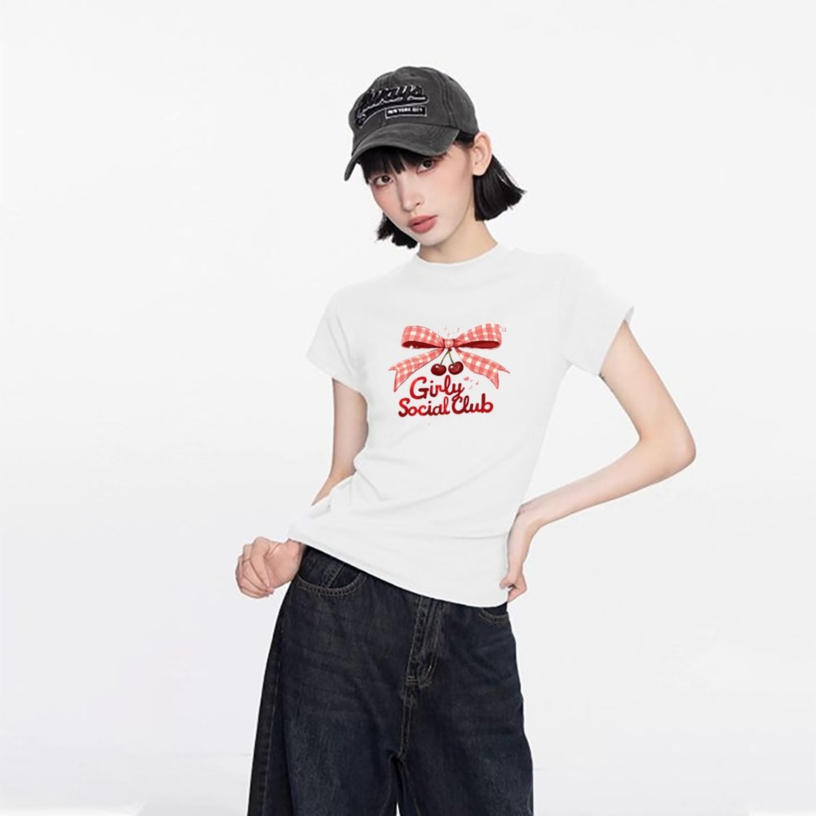 Prendas para el torso de verano de manga corta para mujer ajustadas con estampado de moño coreano cómodas de usar - Imagen 8 de 11