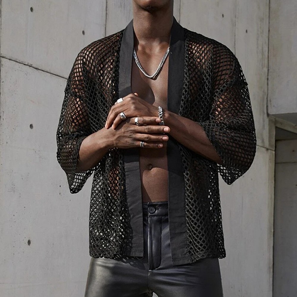 Black Men’s See Through Loose Fit T Shirt Hollow Out Design Regular Length