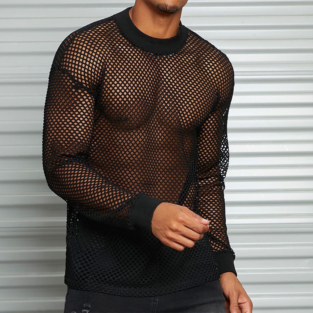 Mens Long Sleeve See Through T Shirt Breathable Mesh Top for Nightclub - Picture 8 of 13