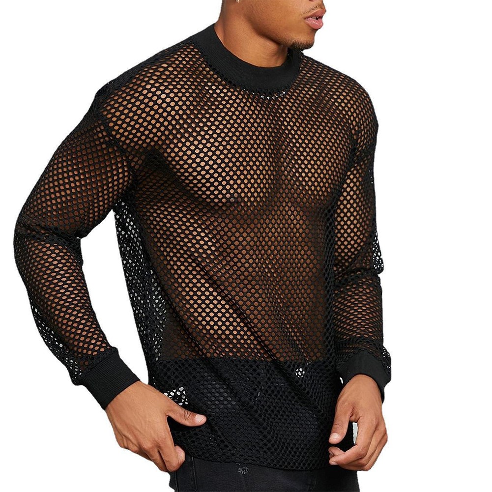 Mens Long Sleeve See Through T Shirt Breathable Mesh Top for Nightclub - Picture 9 of 13