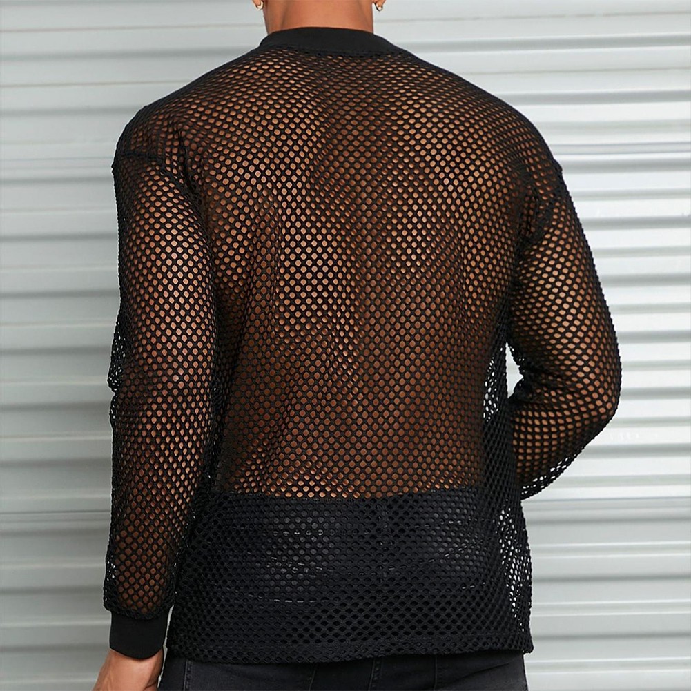 Mens Long Sleeve See Through T Shirt Breathable Mesh Top for Nightclub - Picture 13 of 13