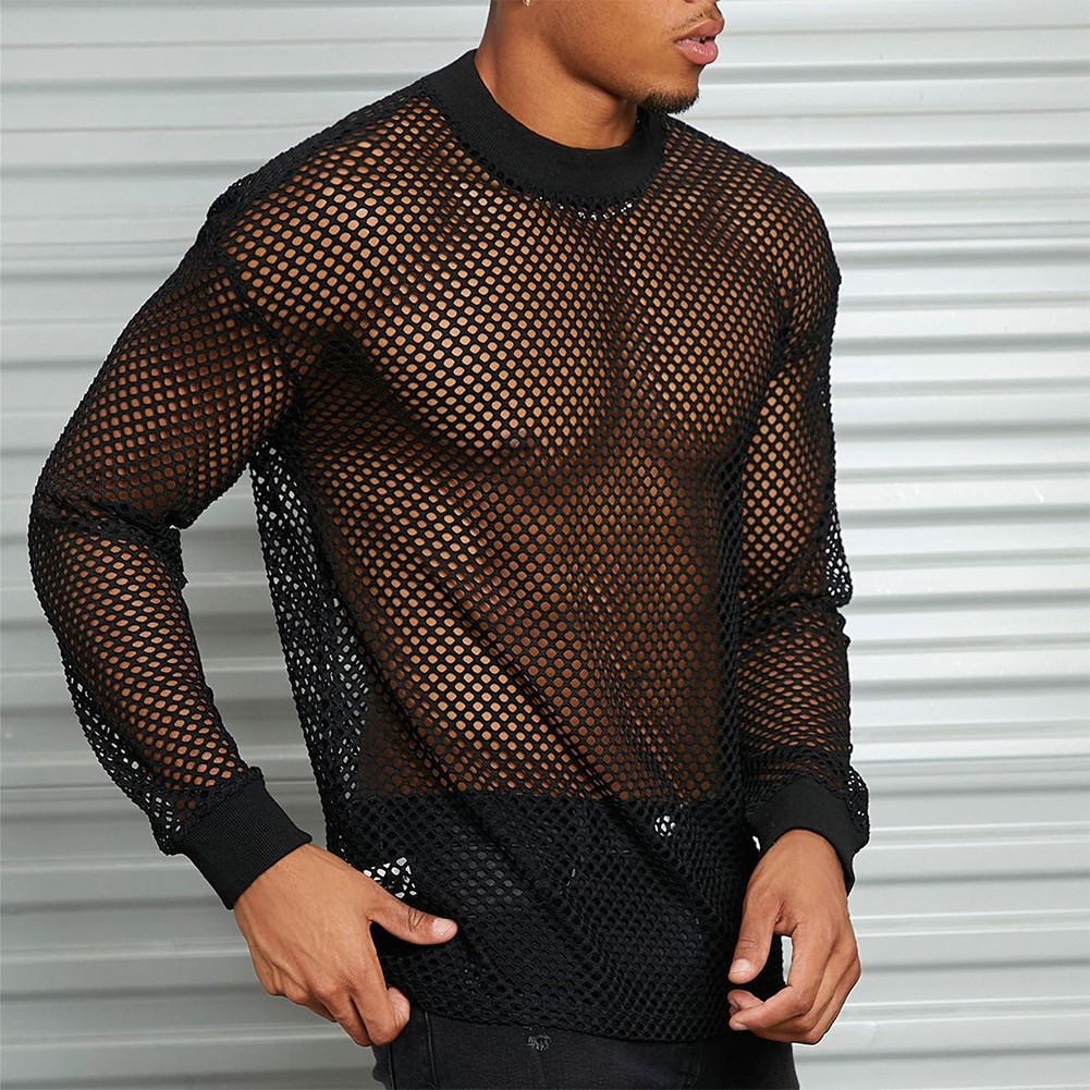 Mens Long Sleeve See Through T Shirt Breathable Mesh Top for Nightclub - Picture 11 of 13