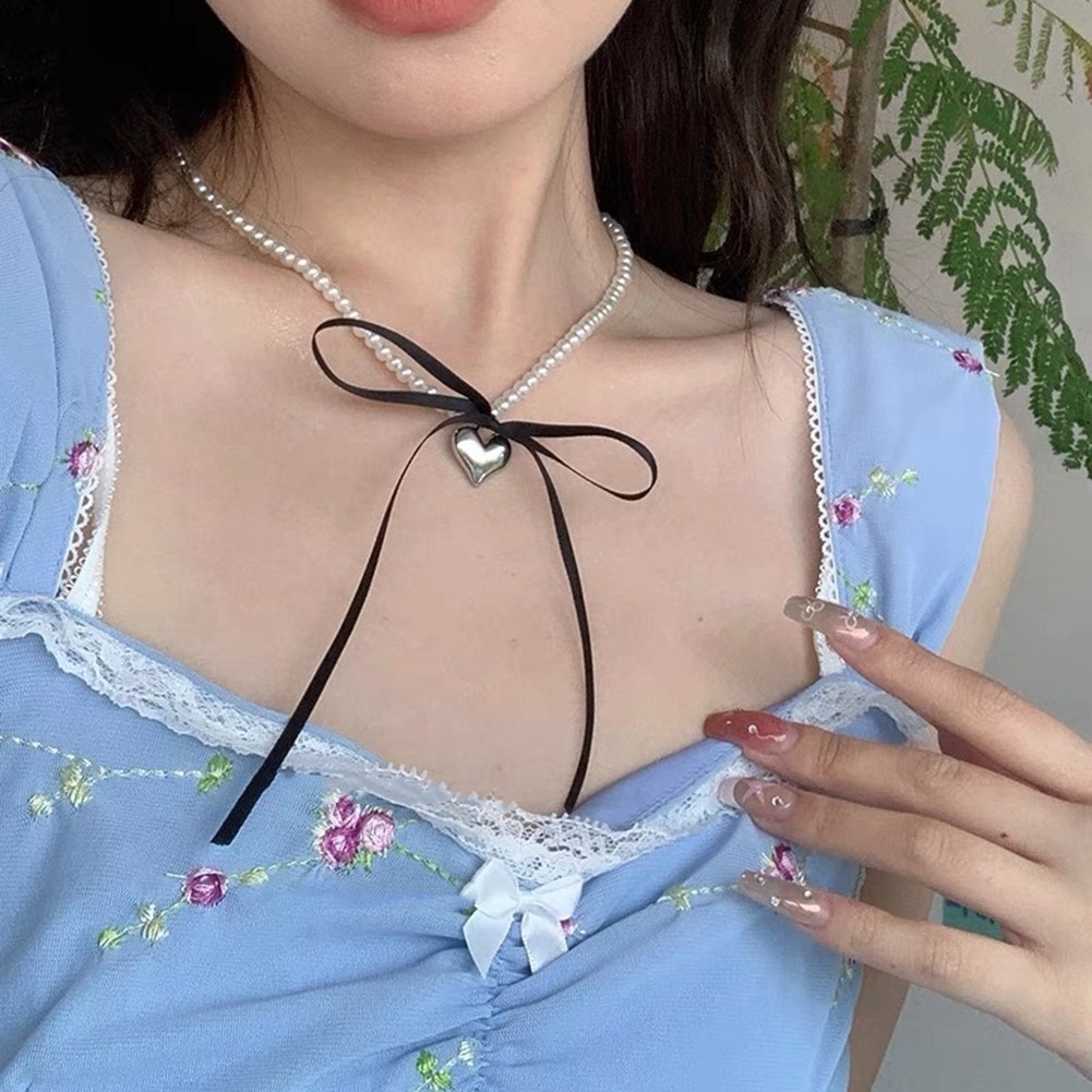 Stylish Solid Metal Necklace Featuring a Love Ribbon Bow Knot and Pearl Design - Picture 14 of 14