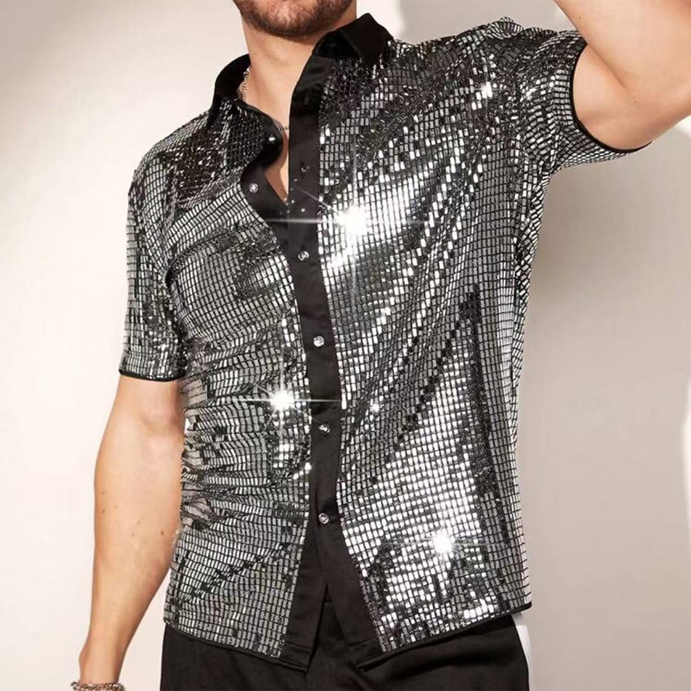 Men's Vintage 70s Disco Shirt with Sequin Short Sleeve and Button Down - Picture 15 of 23