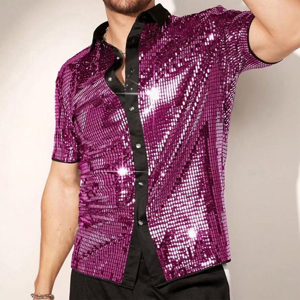 Men's Vintage 70s Disco Shirt with Sequin Short Sleeve and Button Down - Picture 13 of 23