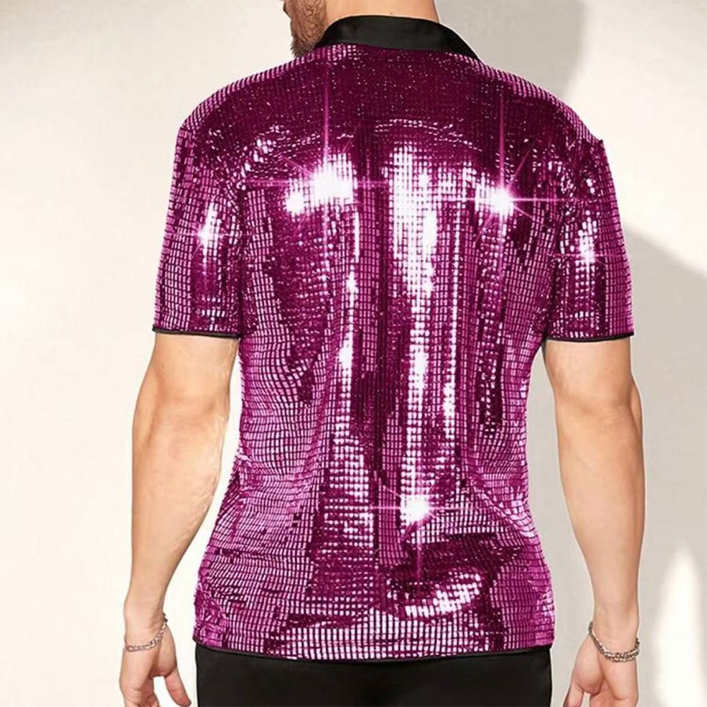 Men's Vintage 70s Disco Shirt with Sequin Short Sleeve and Button Down - Picture 14 of 23