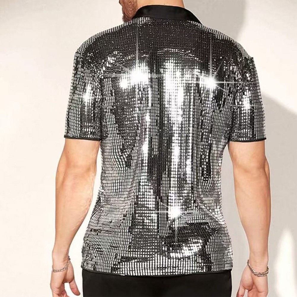 Men's Vintage 70s Disco Shirt with Sequin Short Sleeve and Button Down - Picture 16 of 23