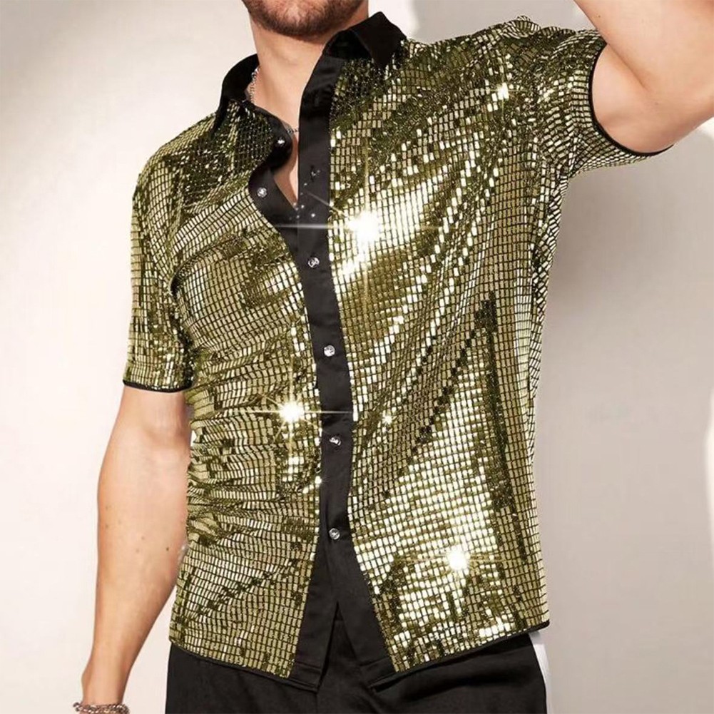 Lively Men's Short Sleeve Sequin Embellished Top Ideal for Clubbing Nights - Picture 12 of 18