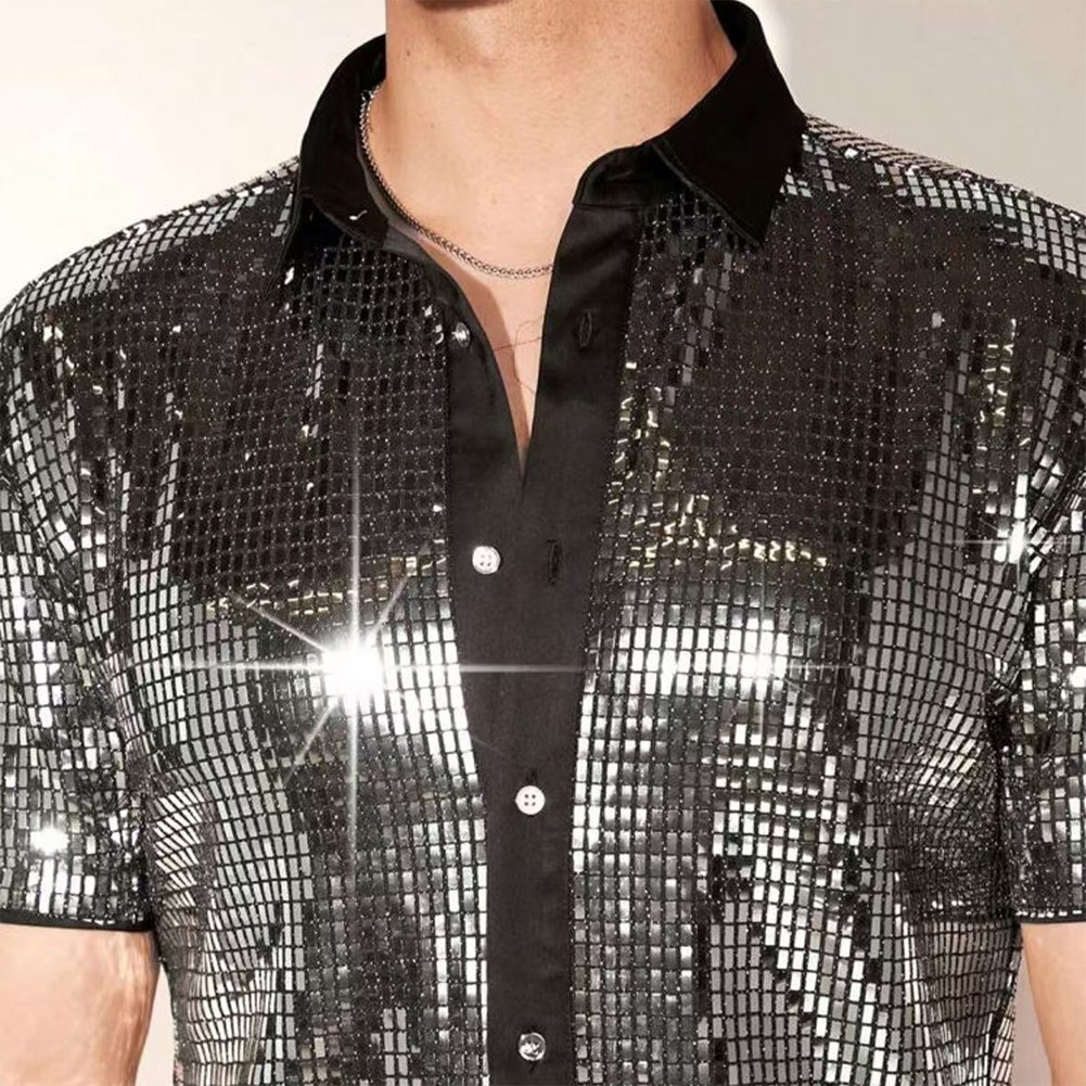 Men's Vintage 70s Disco Shirt with Sequin Short Sleeve and Button Down - Picture 17 of 23