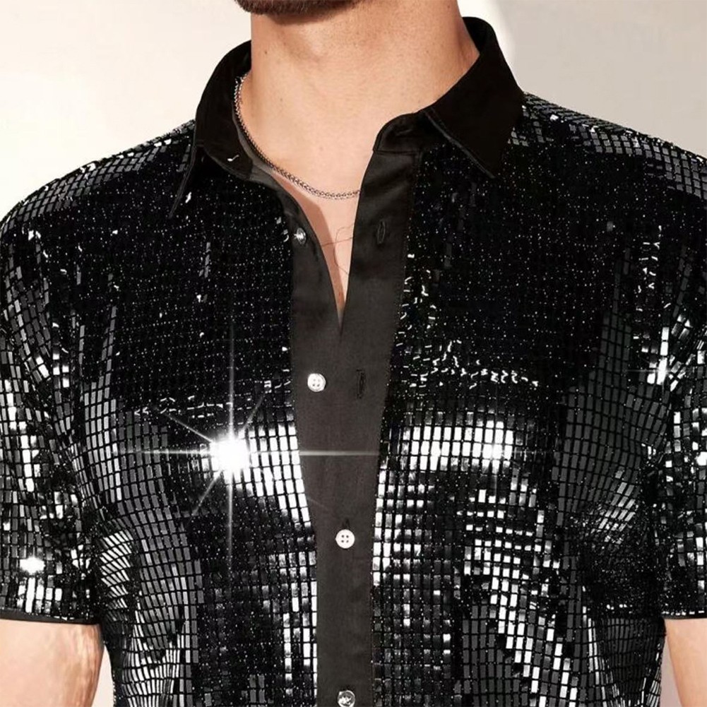 Lively Men's Short Sleeve Sequin Embellished Top Ideal for Clubbing Nights - Picture 11 of 18