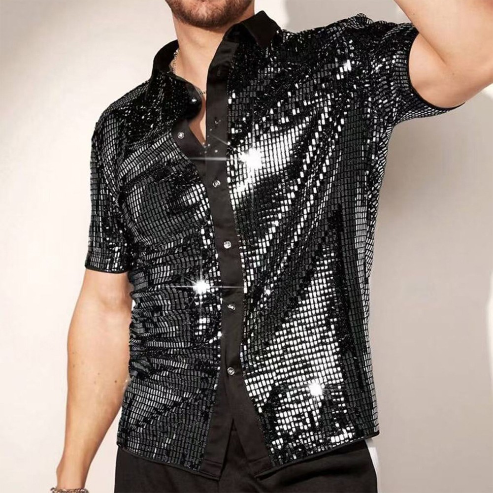 Lively Men's Short Sleeve Sequin Embellished Top Ideal for Clubbing Nights - Picture 9 of 18