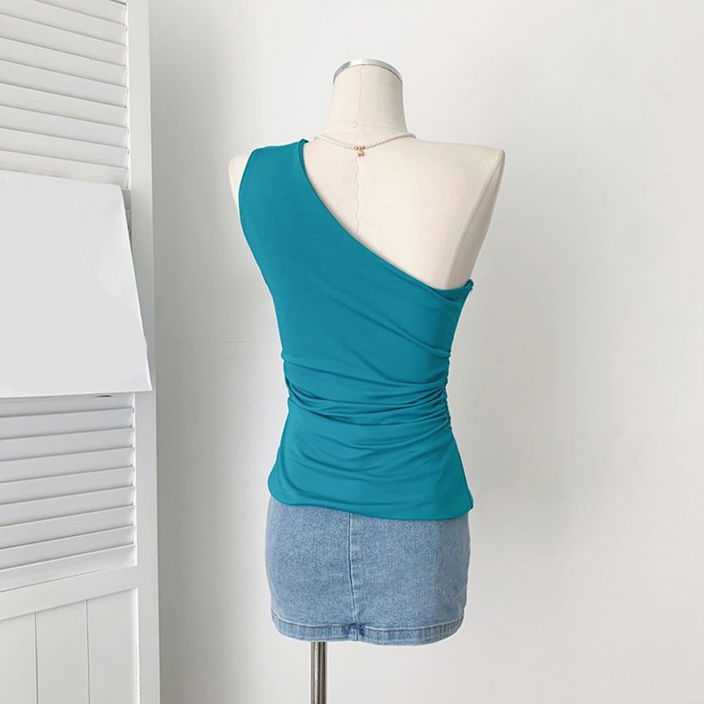 Summer Ready Womens Lake Blue T Shirt with Stylish One Shoulder Design - Picture 15 of 30
