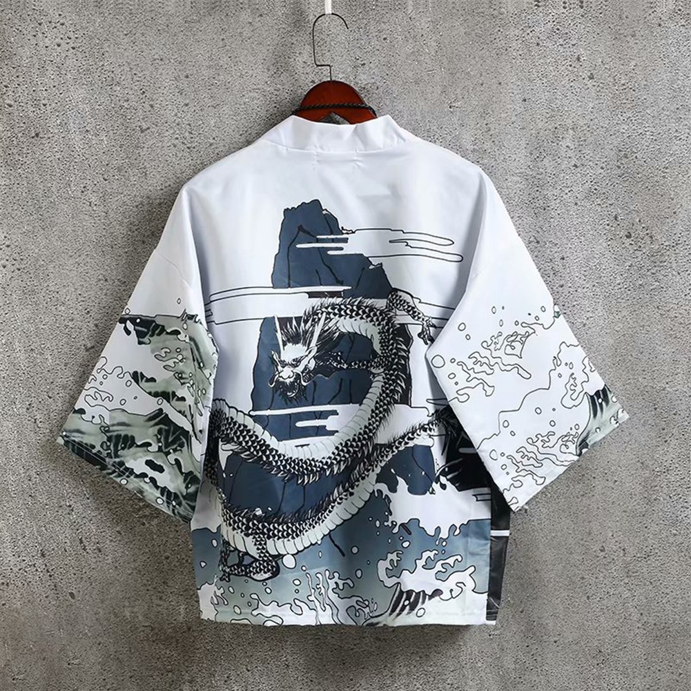 Loose Dragon Print Cardigan for Men Lightweight Kimono for Casual Wear - Picture 13 of 23