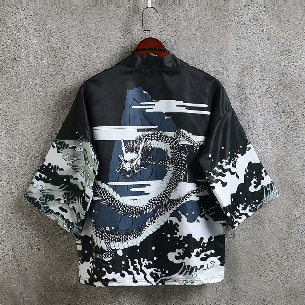 Loose Dragon Print Cardigan for Men Lightweight Kimono for Casual Wear - Picture 20 of 23