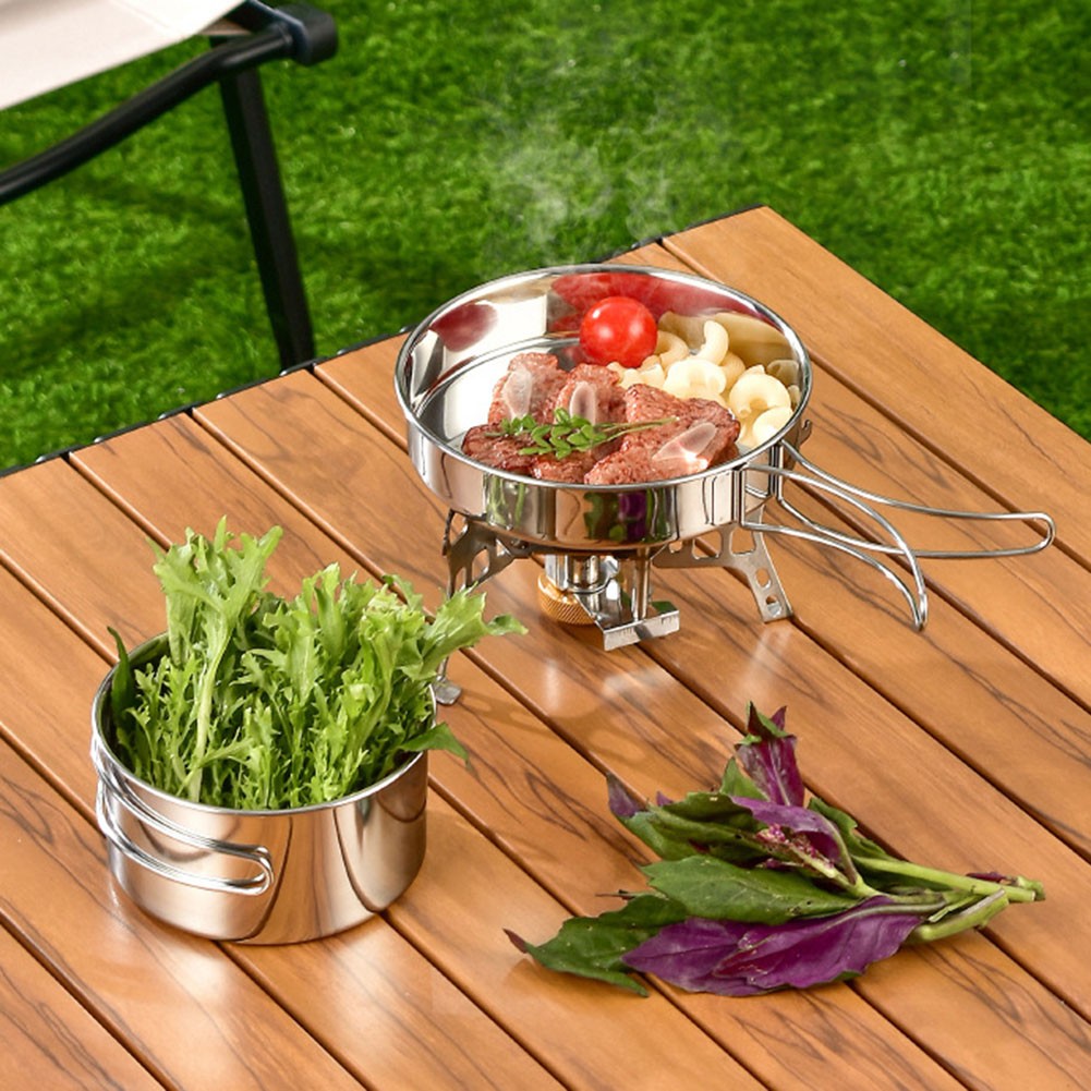 Compact and Portable 4 Piece Cooking Set for Camping Made of Stainless Steel