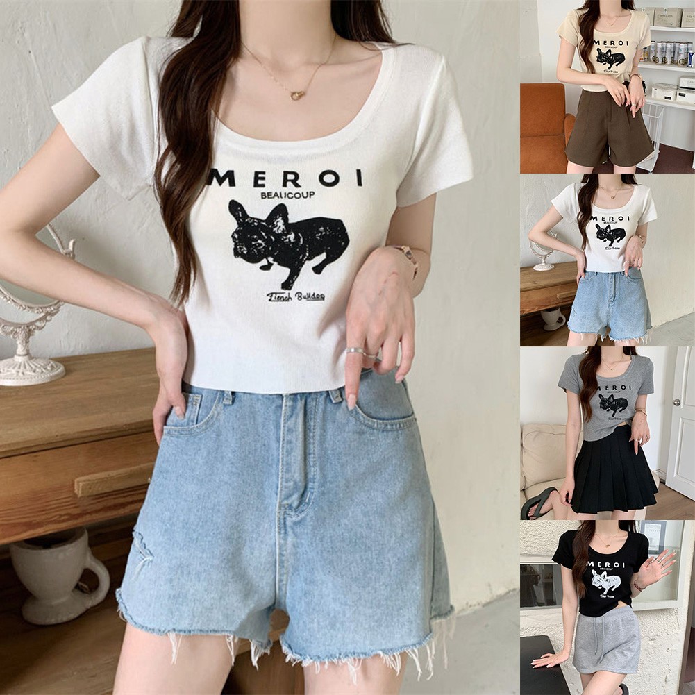 Trendy Women's Short Sleeve Tops featuring Square Neck and Statement Print - Picture 1 of 20