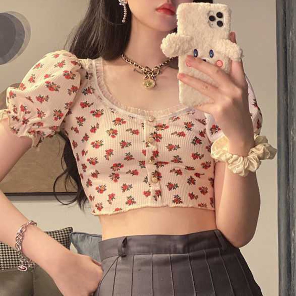 Womens Short Floral Shirt with Puff Sleeves for Spring and Summer 2025 - Picture 15 of 36