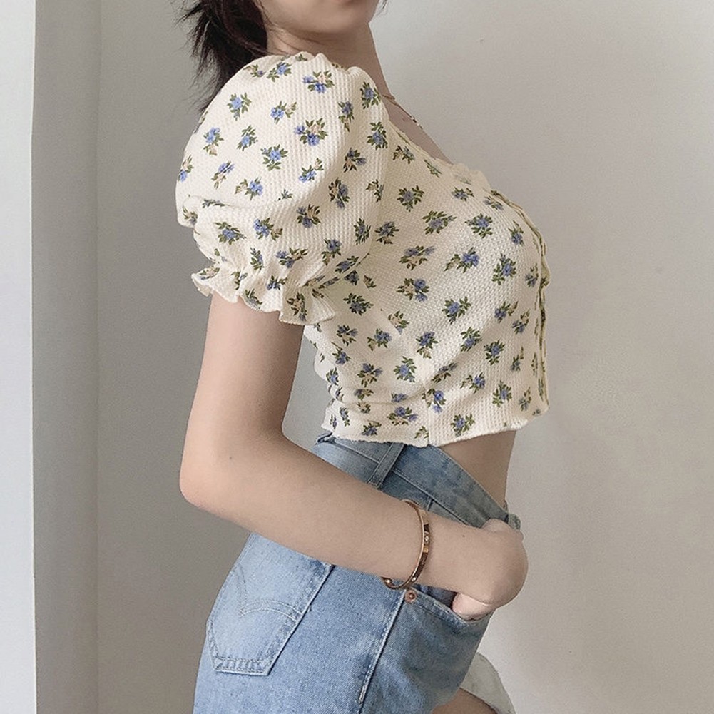 Womens Short Floral Shirt with Puff Sleeves for Spring and Summer 2025 - Picture 8 of 36