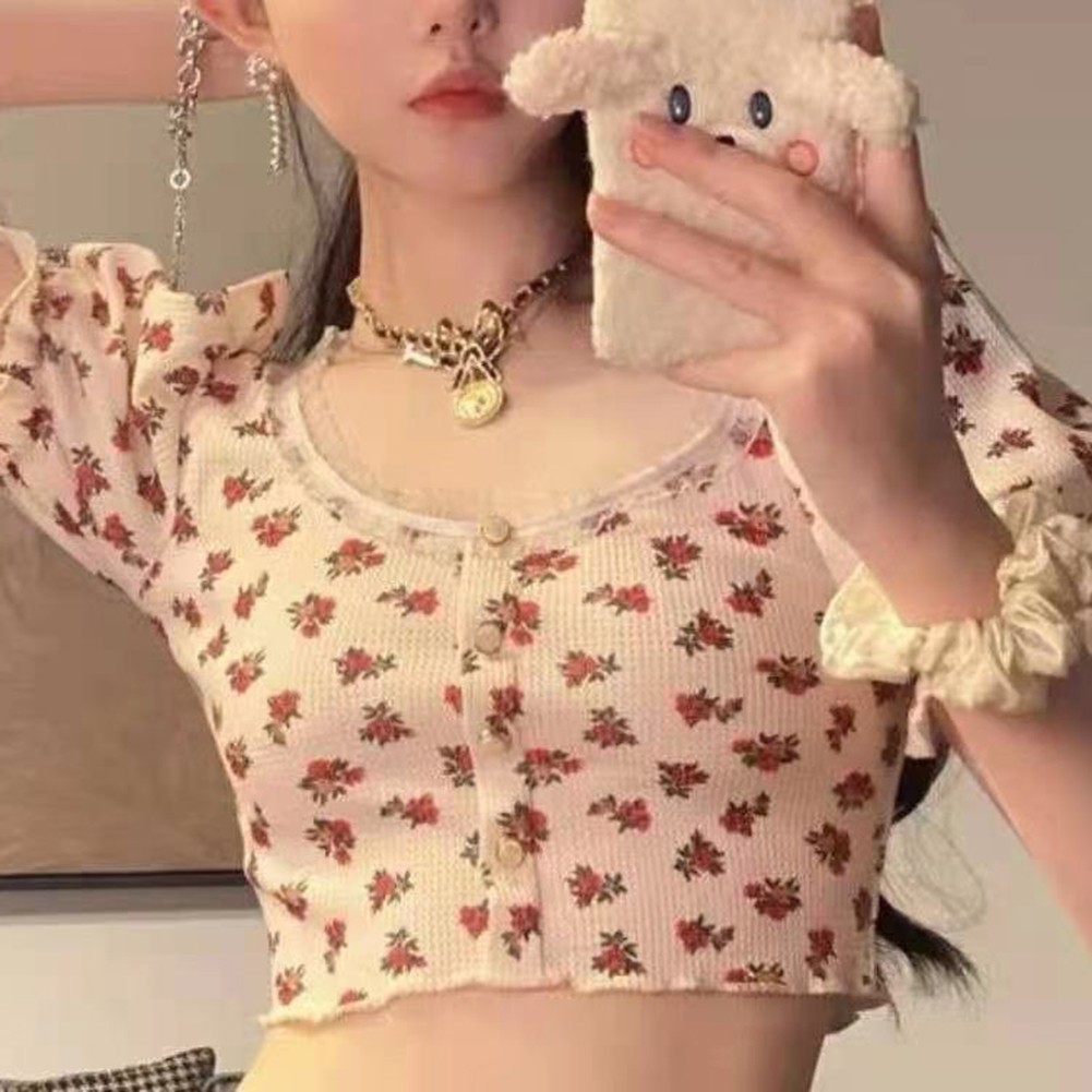 Womens Short Floral Shirt with Puff Sleeves for Spring and Summer 2025 - Picture 13 of 36