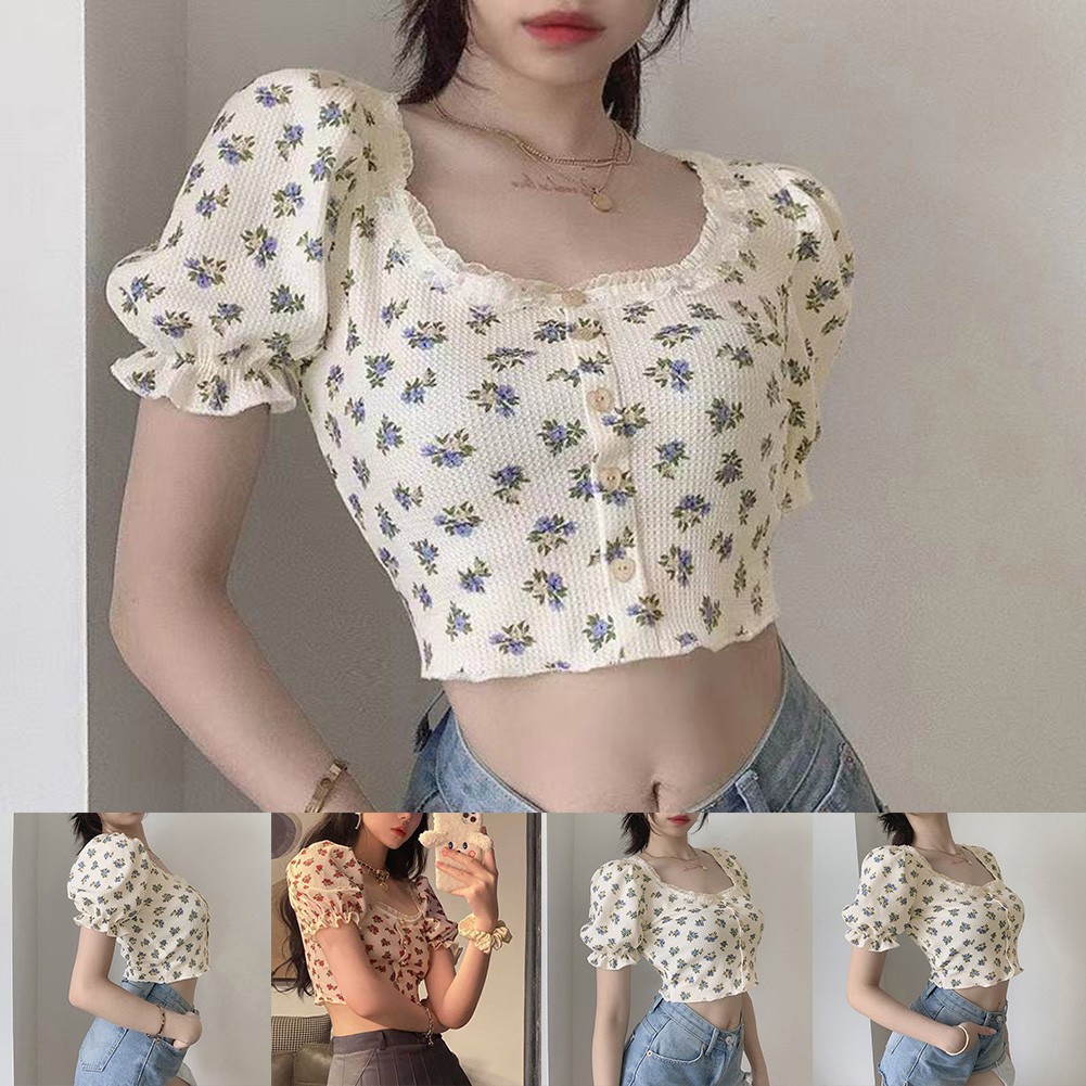 Womens Short Floral Shirt with Puff Sleeves for Spring and Summer 2025 - Picture 1 of 36