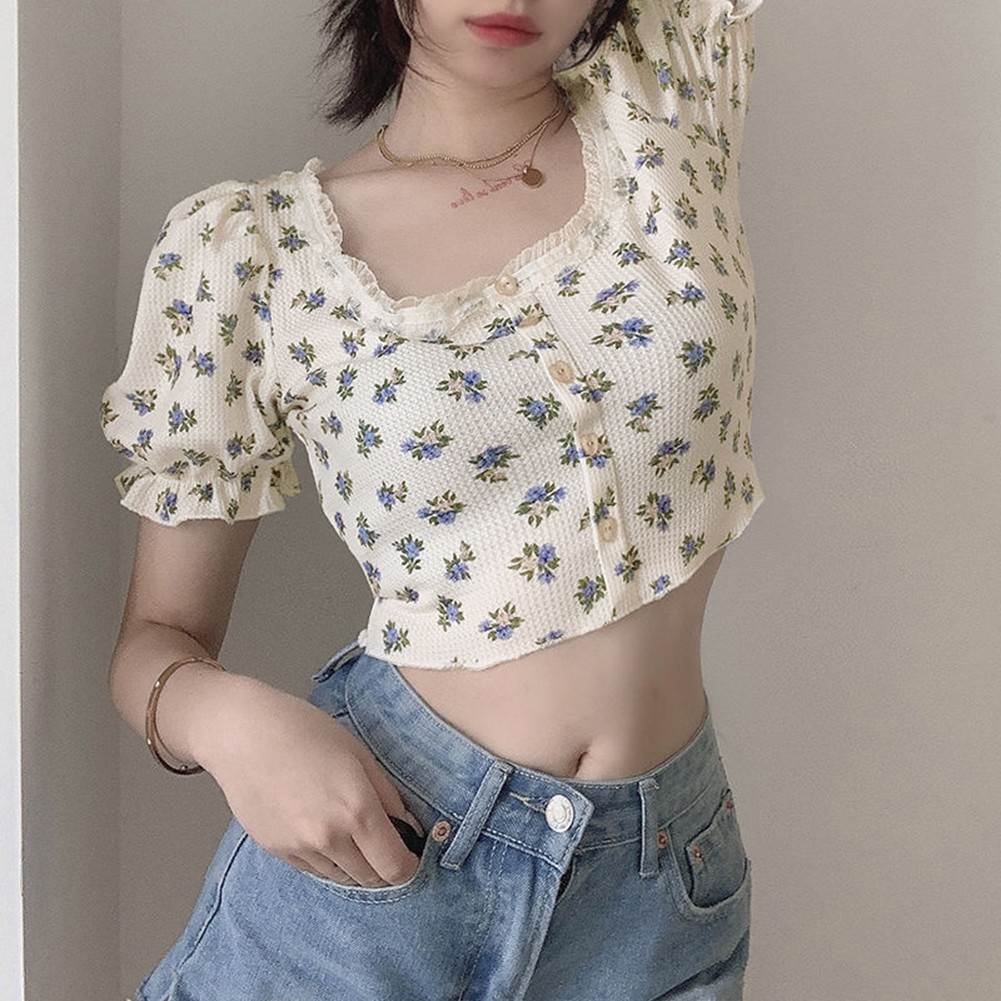 Womens Short Floral Shirt with Puff Sleeves for Spring and Summer 2025 - Picture 6 of 36