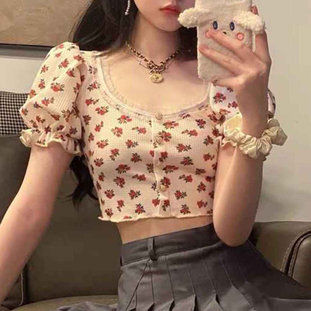 Womens Short Floral Shirt with Puff Sleeves for Spring and Summer 2025 - Picture 7 of 36