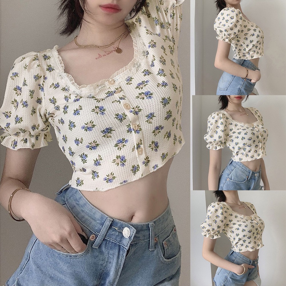 Womens Short Floral Shirt with Puff Sleeves for Spring and Summer 2025 - Picture 3 of 36
