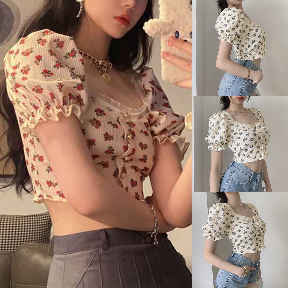 Womens Short Floral Shirt with Puff Sleeves for Spring and Summer 2025 - Picture 2 of 36