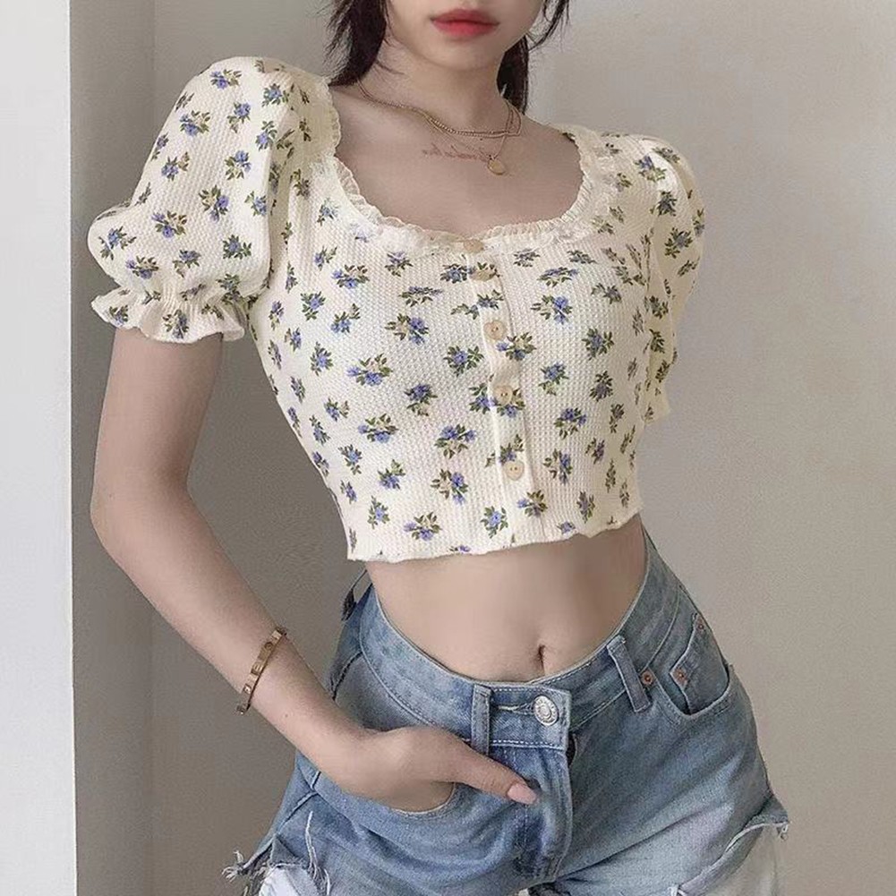 Womens Short Floral Shirt with Puff Sleeves for Spring and Summer 2025 - Picture 9 of 36