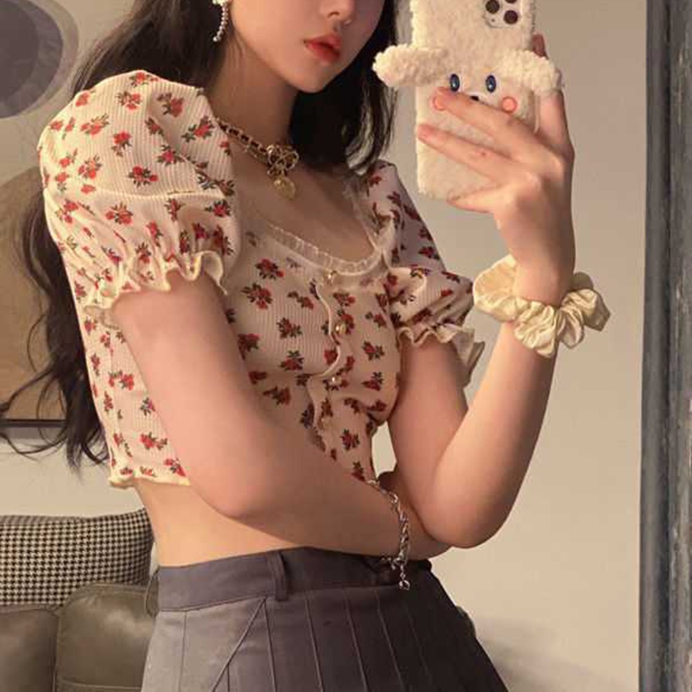 Womens Short Floral Shirt with Puff Sleeves for Spring and Summer 2025 - Picture 18 of 36