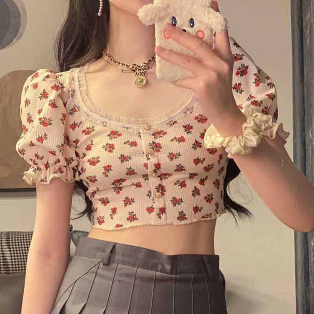 Womens Short Floral Shirt with Puff Sleeves for Spring and Summer 2025 - Picture 14 of 36