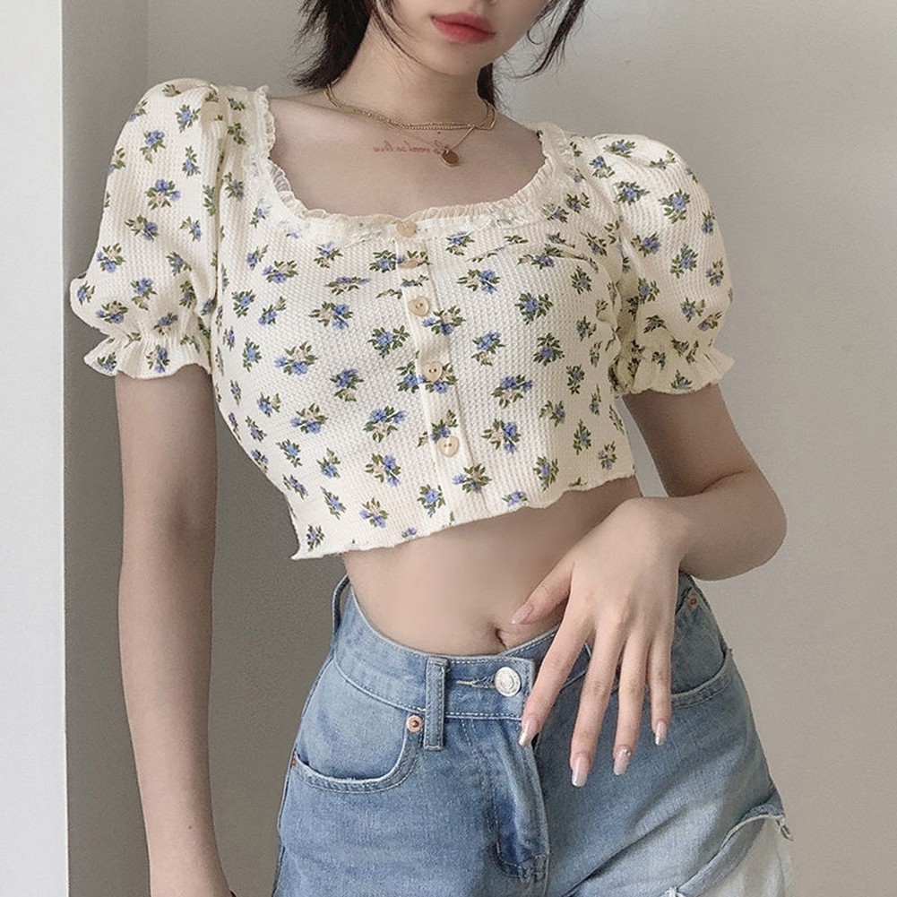 Womens Short Floral Shirt with Puff Sleeves for Spring and Summer 2025 - Picture 10 of 36