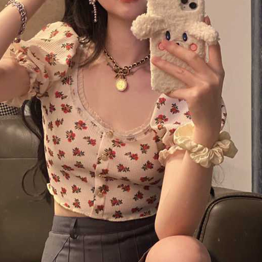 Womens Short Floral Shirt with Puff Sleeves for Spring and Summer 2025 - Picture 11 of 36