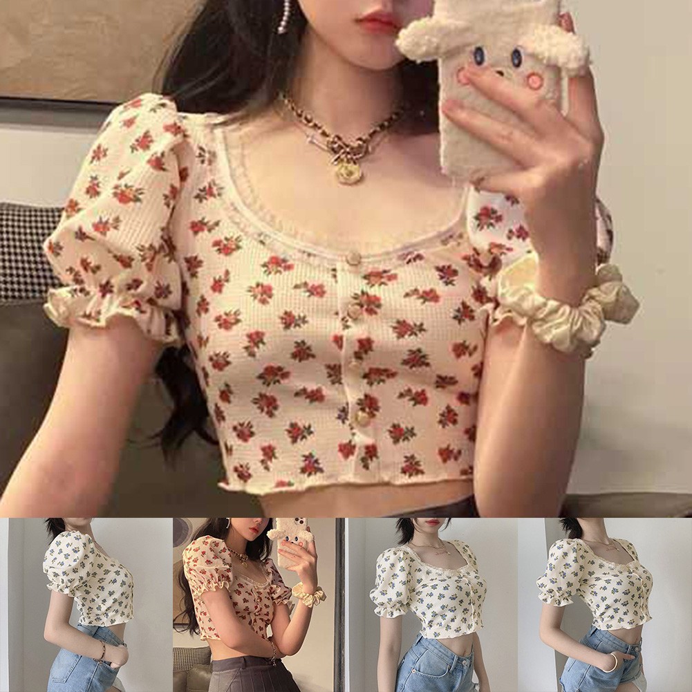 Womens Short Floral Shirt with Puff Sleeves for Spring and Summer 2025 - Picture 4 of 36