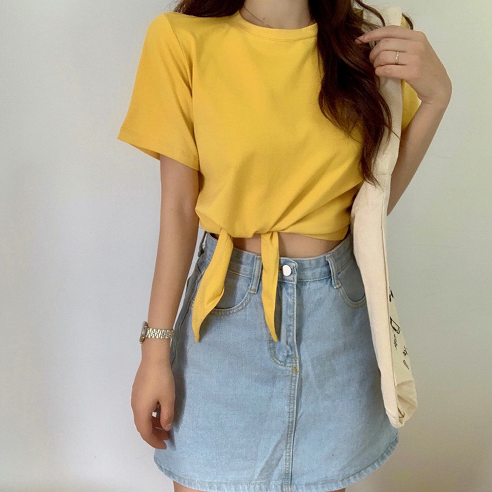 Trendy Women's Solid Color T Shirt with Short Sleeves for Summer Outings - Picture 11 of 54