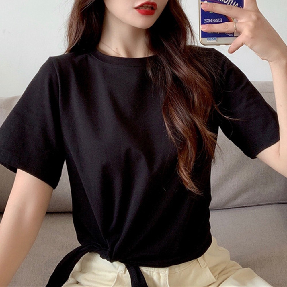 Trendy Women's Solid Color T Shirt with Short Sleeves for Summer Outings - Picture 24 of 54