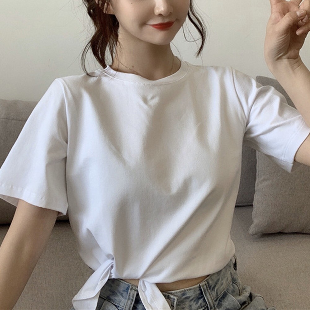 Trendy Women's Solid Color T Shirt with Short Sleeves for Summer Outings - Picture 50 of 54
