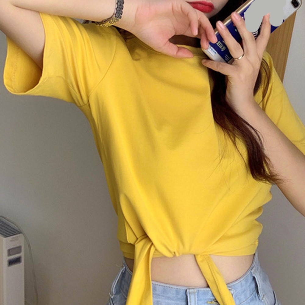 Trendy Women's Solid Color T Shirt with Short Sleeves for Summer Outings - Picture 10 of 54