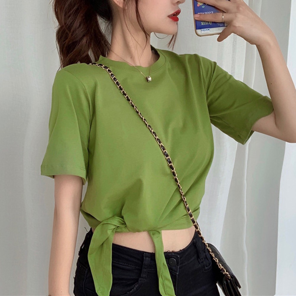 Trendy Women's Solid Color T Shirt with Short Sleeves for Summer Outings - Picture 22 of 54