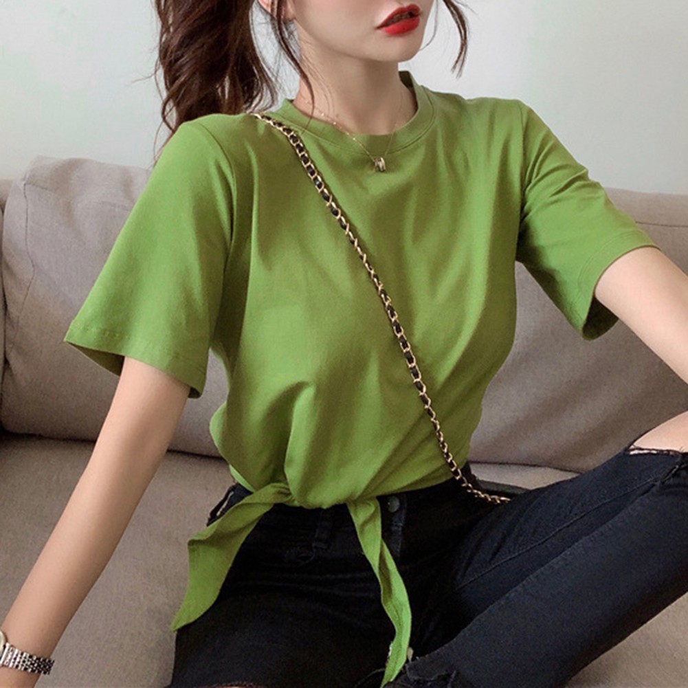Trendy Women's Solid Color T Shirt with Short Sleeves for Summer Outings - Picture 16 of 54