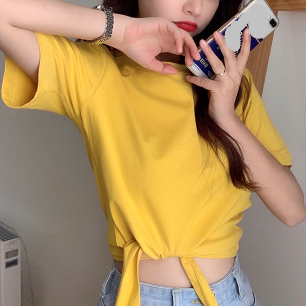 Trendy Women's Solid Color T Shirt with Short Sleeves for Summer Outings - Picture 12 of 54